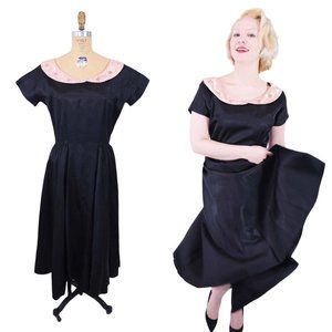 Vintage 1940s Black Party Dress Pink Beaded Collar Evening Gown | W 29"